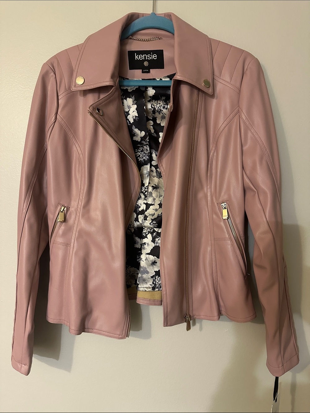 kensie Mauve Pink Faux Leather Moto Jacket